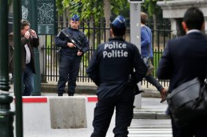 Belgian police officers patrol in central Brussels