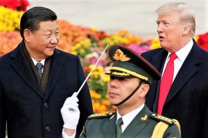 U.S. President Donald Trump takes part in a welcoming ceremony with China's President Xi Jinping at the Great Hall of the People in Beijing