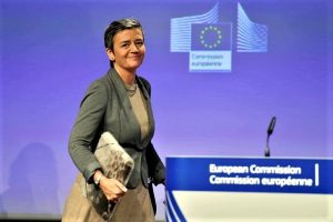 European Commissioner for Violation of EU Treaties Vestager reacts during a news conference on the approval of the Hutchison-Vimpelcom deal at the EC in Brussels