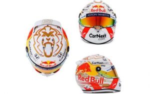 Questo il casco con sui l'olandese Verstappen scenderà in pista nelle prime gare del Mondiale di F1. Il leone è sempre il tema dominante